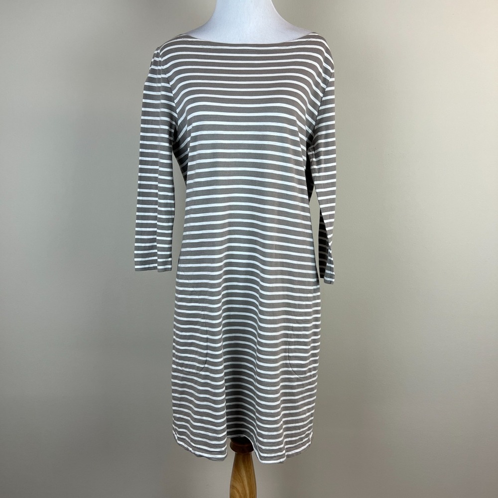 Garnet Hill Dress Womens 10 Taupe Striped Shift Cotton 3/4 Sleeve Pockets Casual
